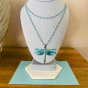 Vintage Enamel Beaded Dragonfly Pendant Long Necklace